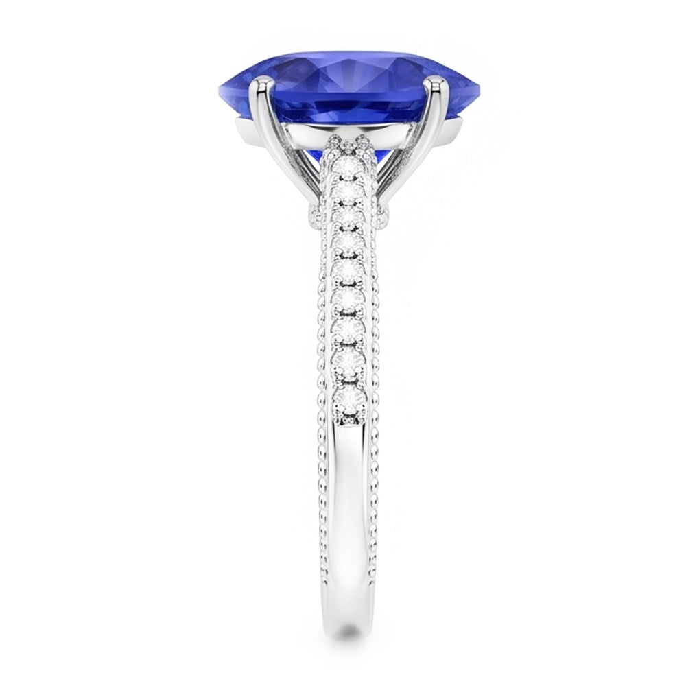 Anello con diamante zaffiro blu 3 carati con pavé di accenti in oro 14k Milgrain
