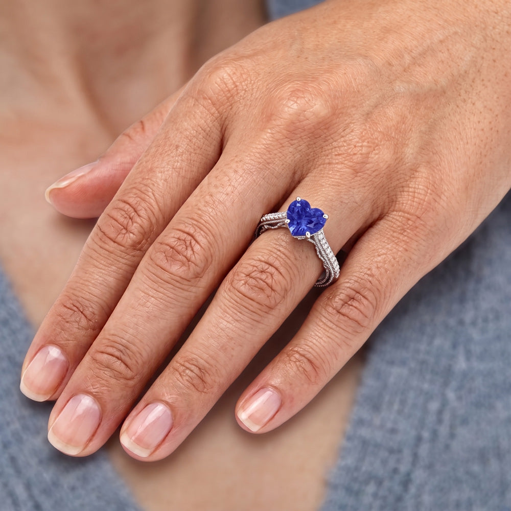Anello con diamante zaffiro blu 3 carati con pavé di accenti in oro 14k Milgrain