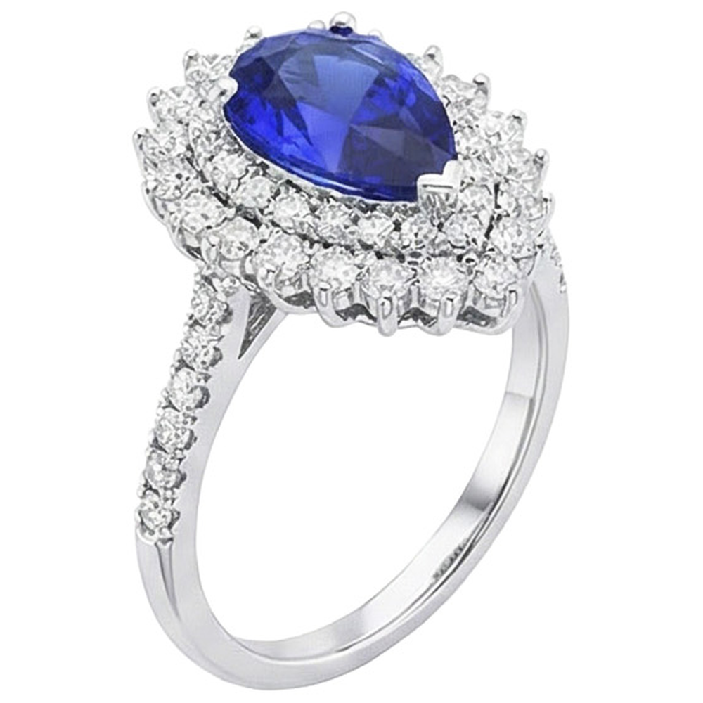 Anello con doppio anello di diamanti a forma di fiore pera blu zaffiro 5.50 carati