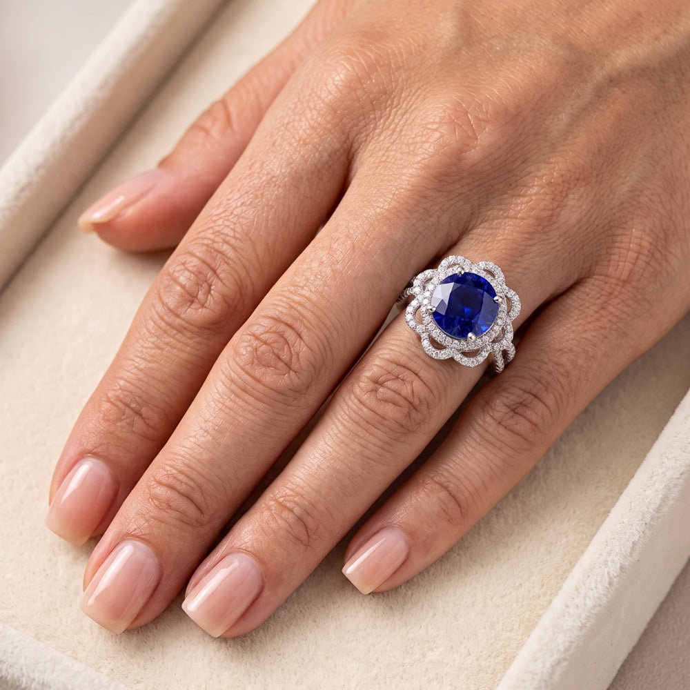 Anello con doppio anello in zaffiro blu rotondo a forma di fiore con gambo diviso 5 carati