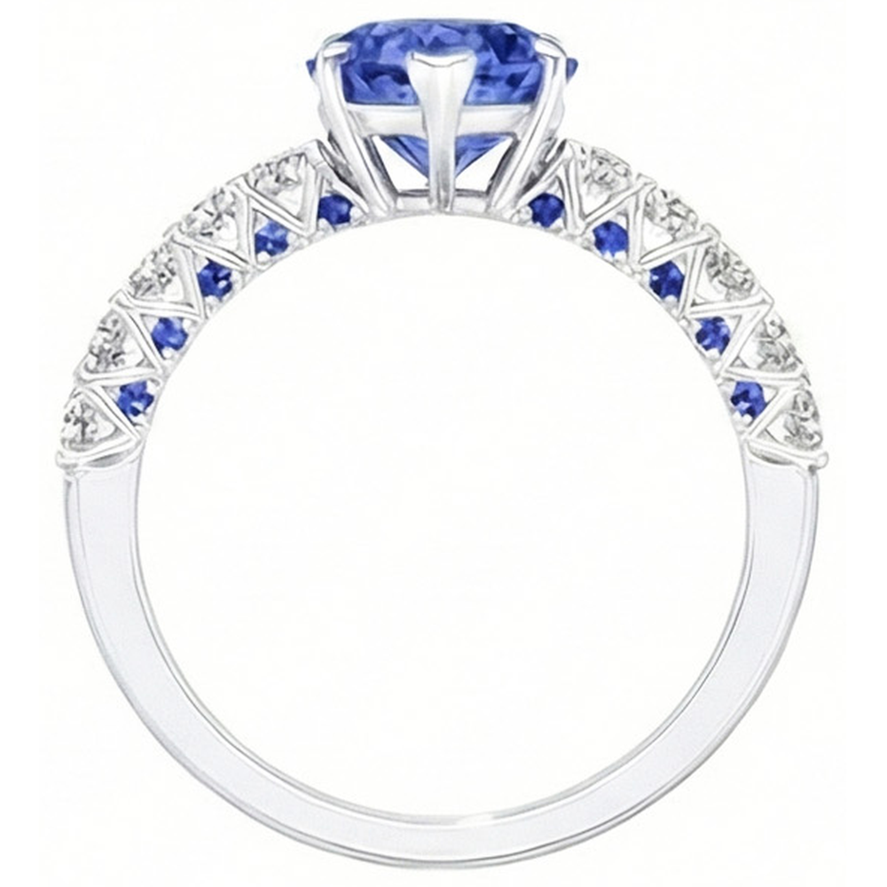 Anello con gemma Cuore 2,50 carati Zaffiri blu e diamanti tondi in oro bianco 14K