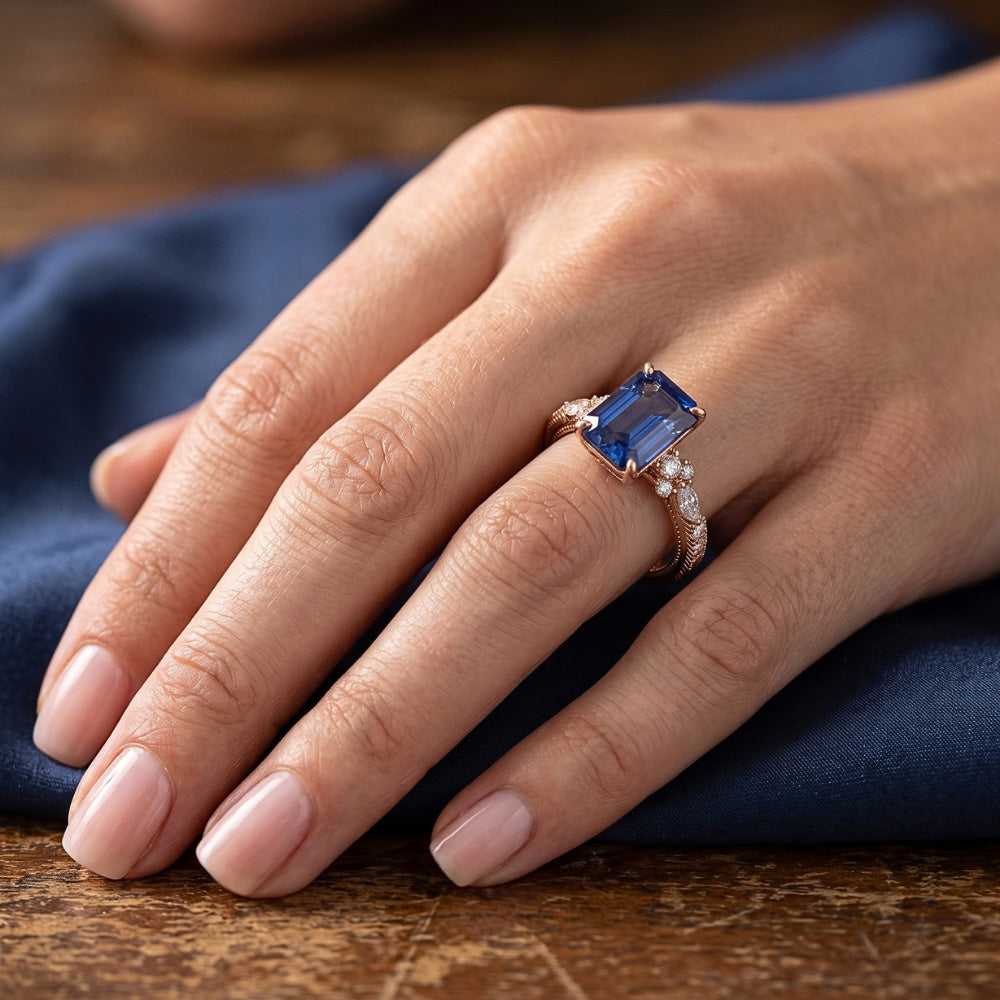 Anello con pavé di diamanti in oro rosa con zaffiro blu radiante 4 carati