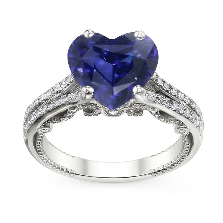 Anello con pietre preziose Zaffiro dello Sri Lanka taglio a cuore 4.50 carati con gambo in filigrana