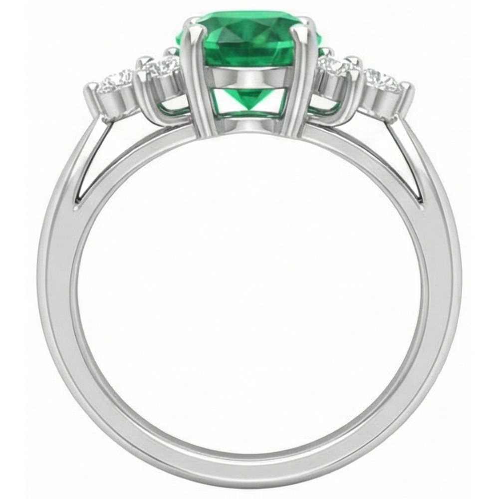 Anello con pietre preziose in oro bianco 14K con diamanti e Verde smeraldo. 3.10 carati