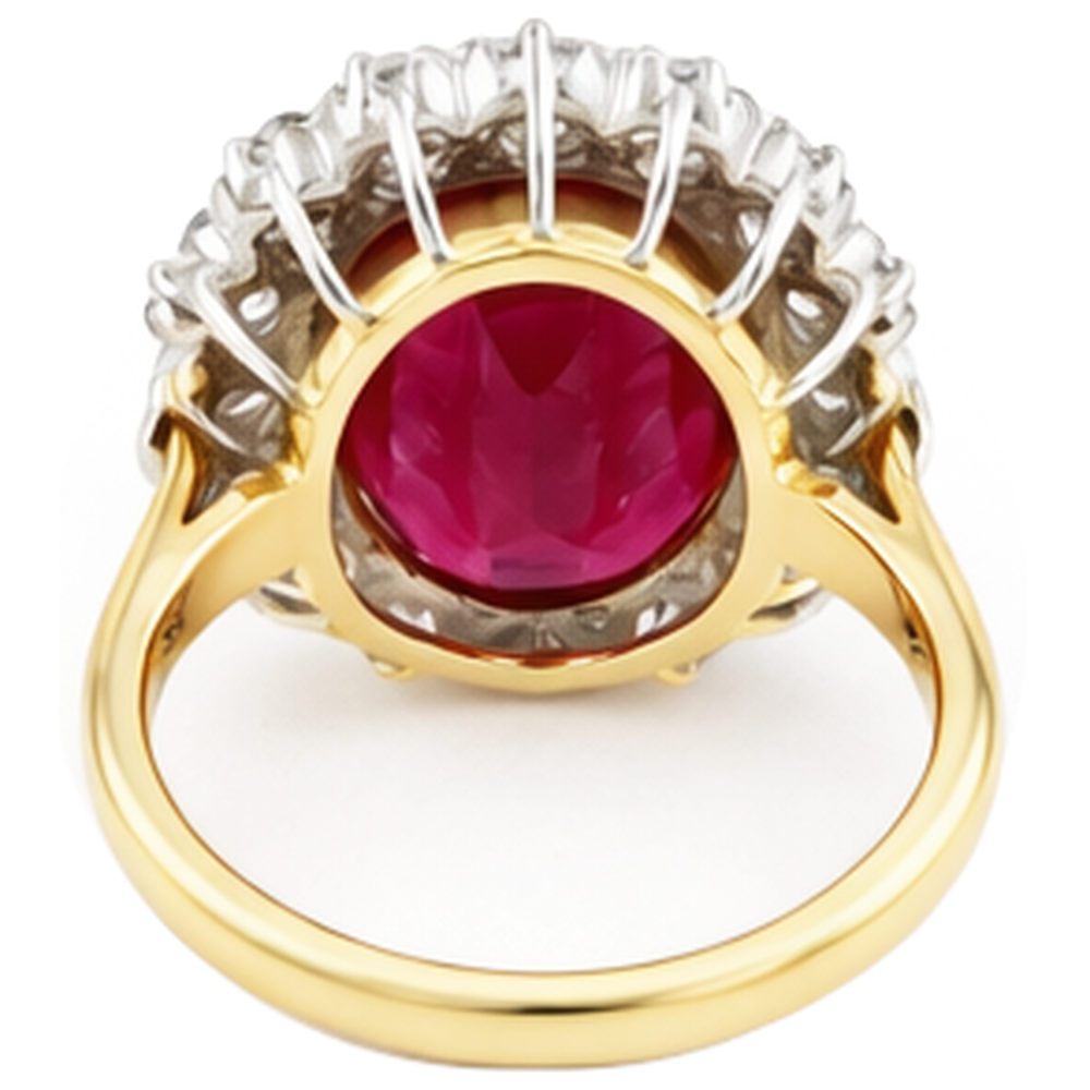 Anello con rubino ovale da 4,70 ct con diamanti in oro bicolore 14K