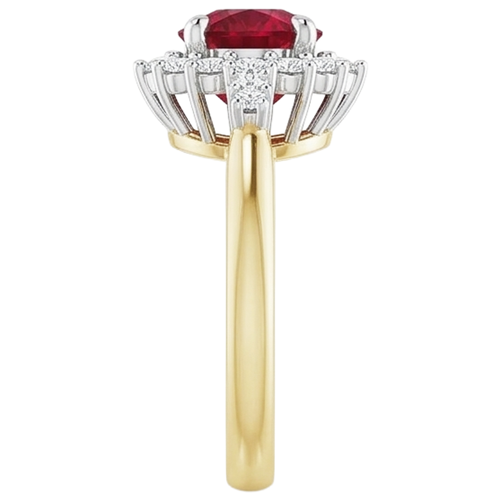 Anello con rubino rotondo con diamanti. stile Halo. oro 14K. 1.50 carati