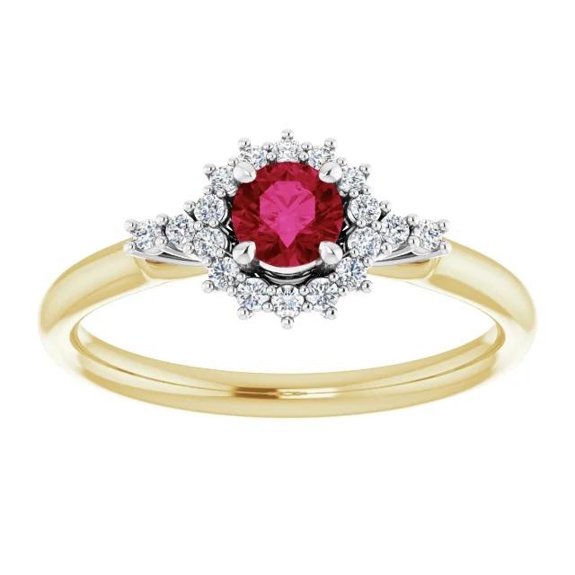 Anello con rubino rotondo con diamanti. stile Halo. oro 14 carati. 1.50 carati - harrychadent.it