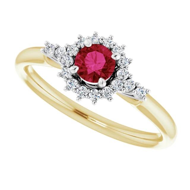 Anello con rubino rotondo con diamanti. stile Halo. oro 14 carati. 1.50 carati - harrychadent.it