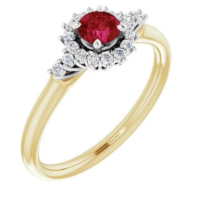 Anello con rubino rotondo con diamanti. stile Halo. oro 14 carati. 1.50 carati - harrychadent.it