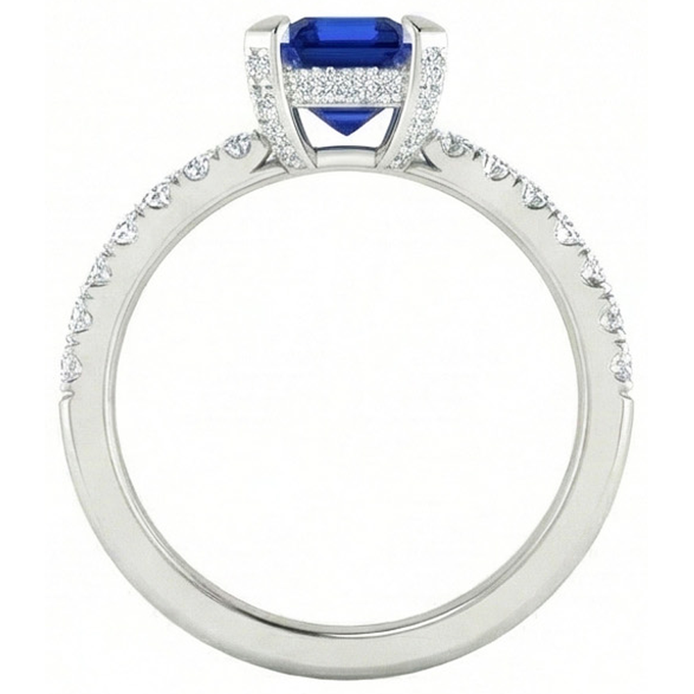 Anello con smeraldo 3 carati incastonato e zaffiro di Ceylon tondo con diamanti in oro bianco 14K