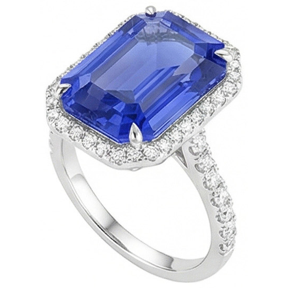 Anello con taglio a smeraldo con alone blu zaffiro 5.50 carati gioielli con diamanti