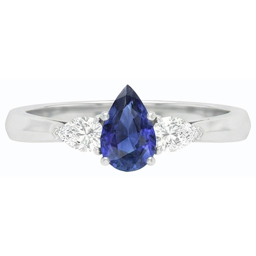 Anello con tre pere. Zaffiro dello Sri Lanka e diamanti 1,25 carati con oro bianco 14K