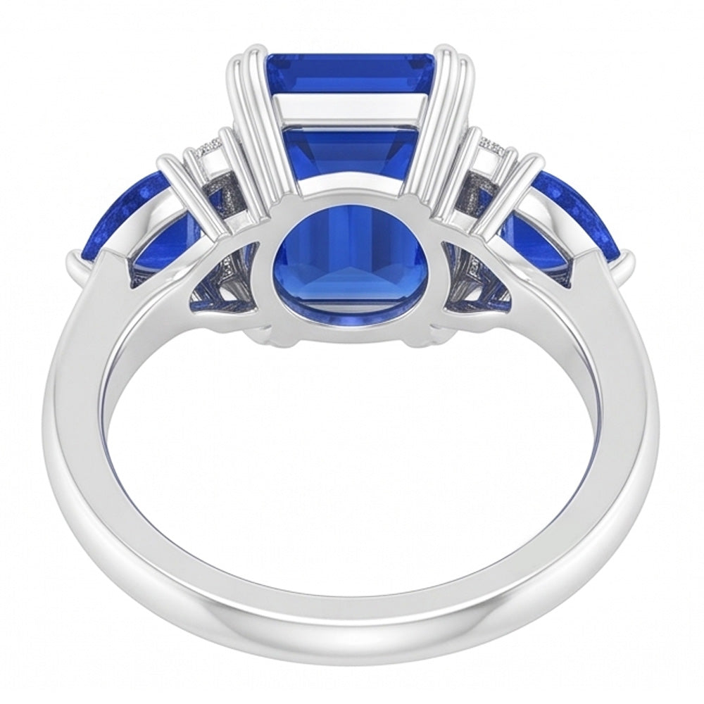 Anello con tre pietre di smeraldo e zaffiro blu naturale e diamanti 3 carati