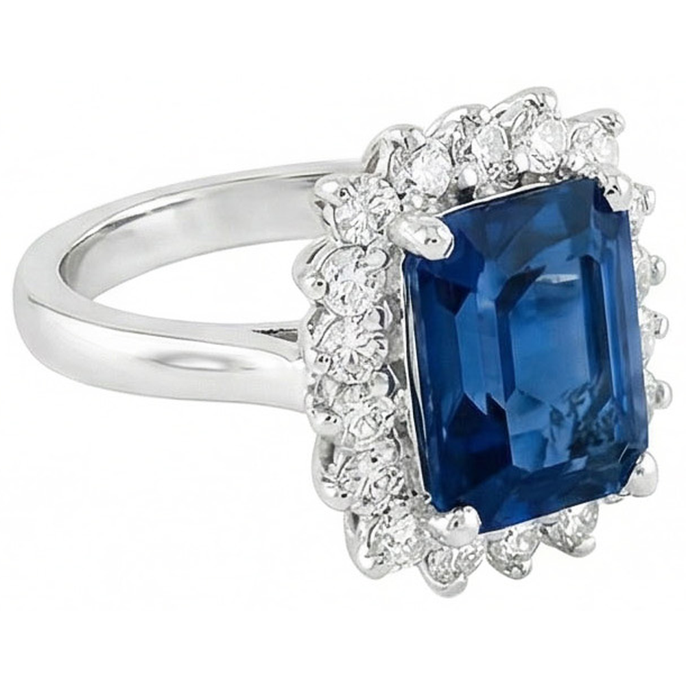 Anello con zaffiro Ceylon Large Cushion 4 carati e diamanti tondi in oro bianco 14K