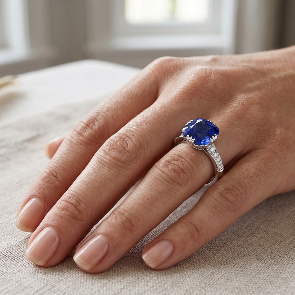 Anello con zaffiro a cuscino con pietre preziose. 3.50 carati. diamanti a tripla punta