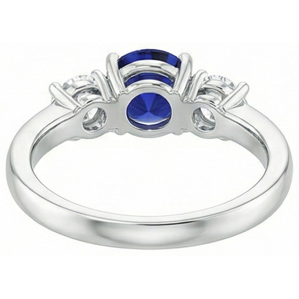Anello con zaffiro blu 1,75 carati e diamante Round tre pietre in Oro bianco 14K