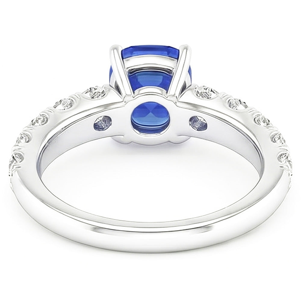 Anello con zaffiro blu 3 carati e diamante cuscino in gioielli in oro bianco 14K