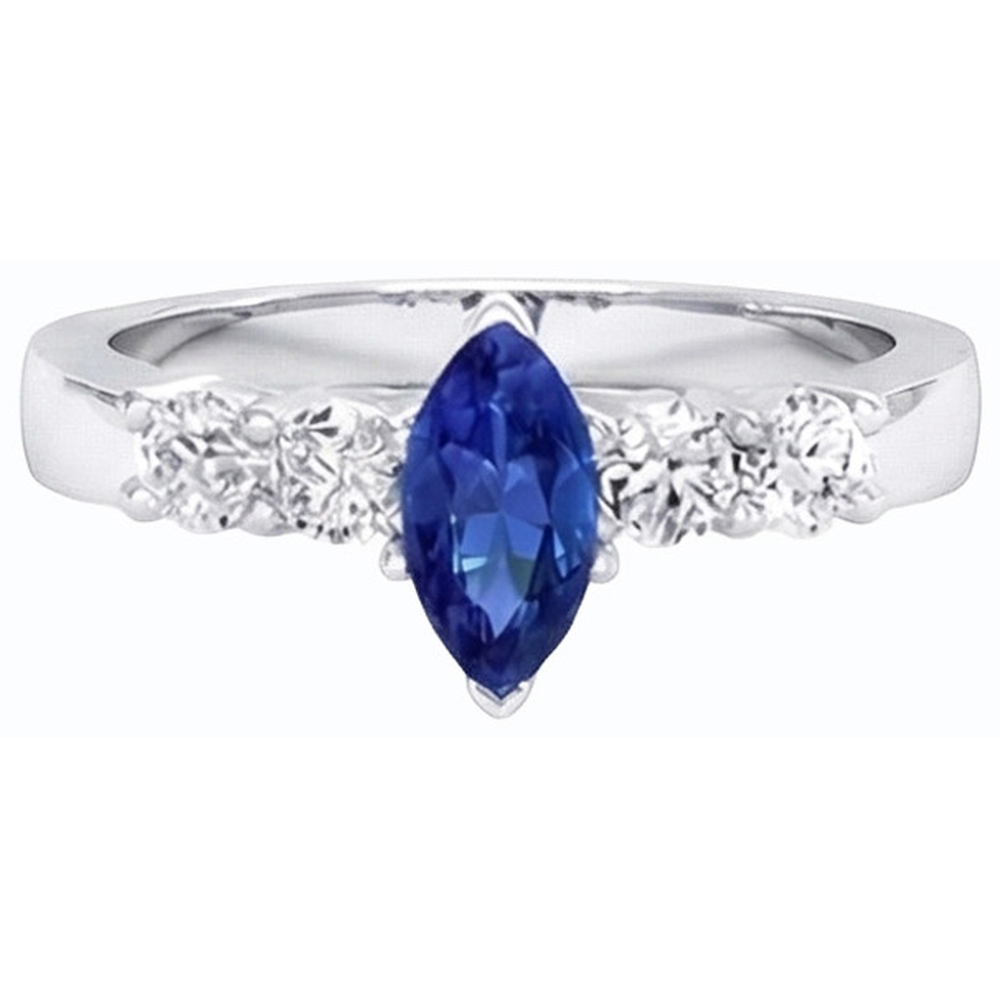 Anello con zaffiro blu Marquise e gioielli tondi da 1,50 carati e oro bianco 14K