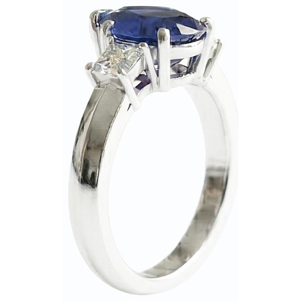 Anello con zaffiro blu a forma di pera 3 carati e diamanti princess 3 pietre in oro 14K