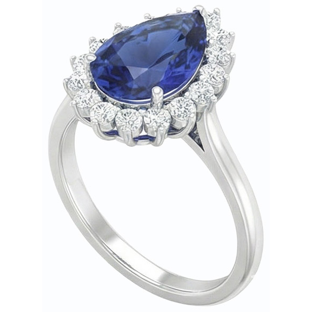 Anello con zaffiro blu a forma di pera con diamante Halo Anniversary 4.50 carati