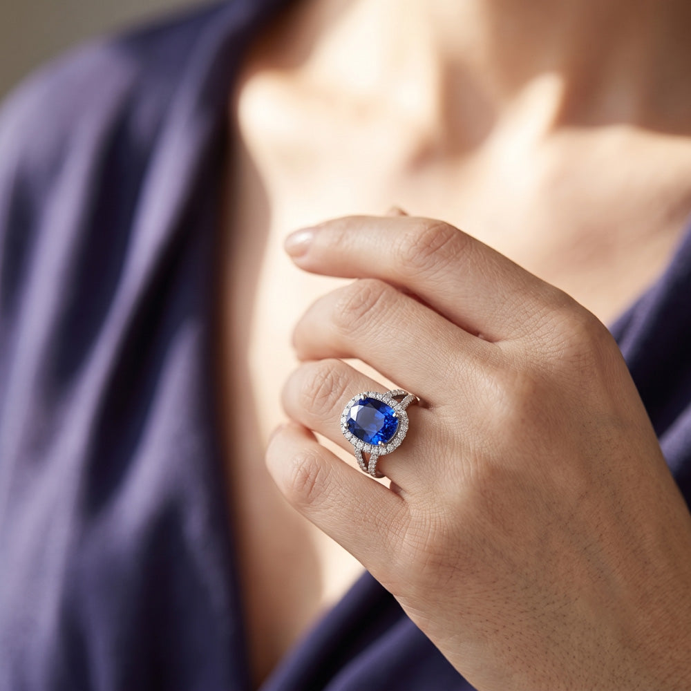 Anello con zaffiro blu a forma ovale con diamante a gambo diviso 5 carati