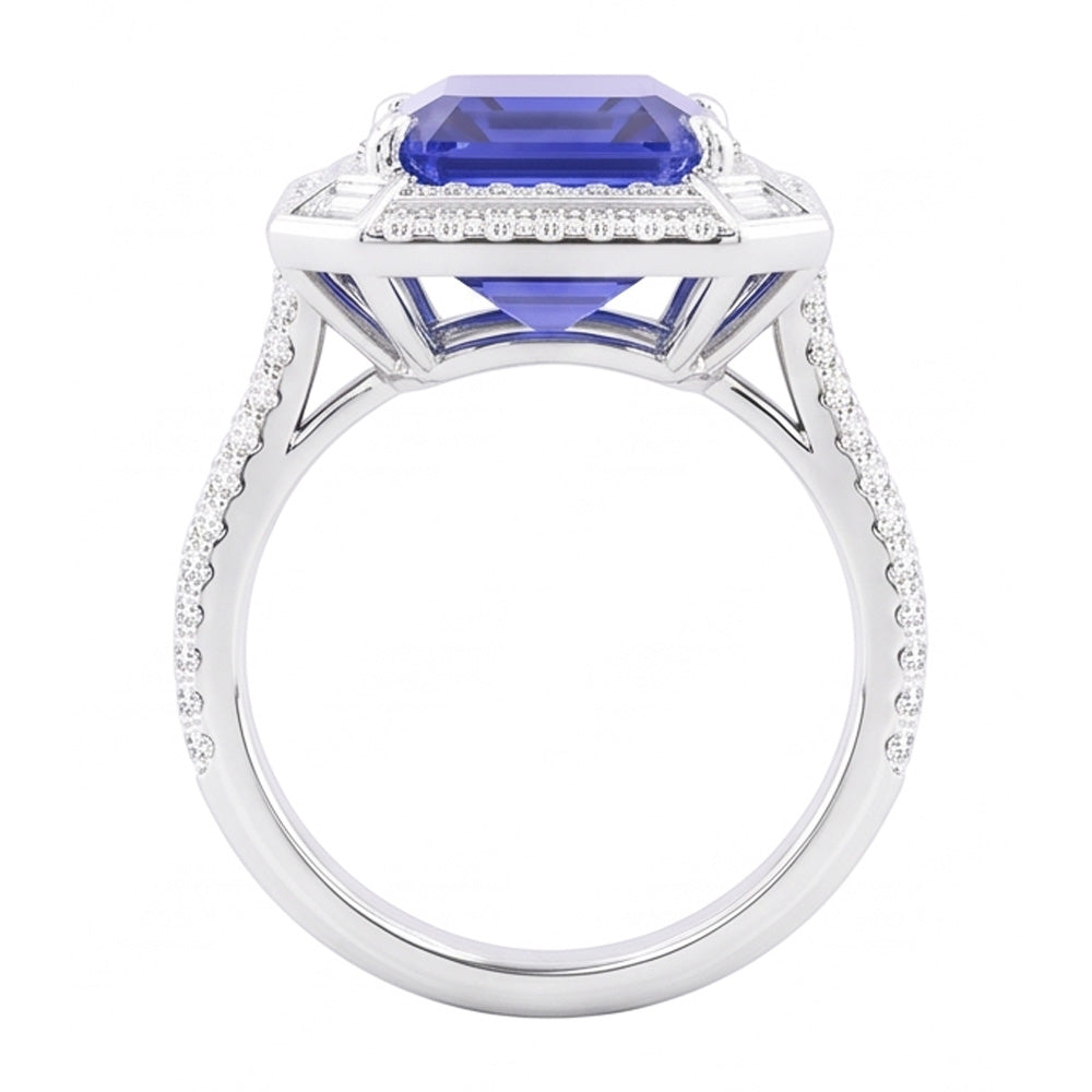 Anello con zaffiro blu con diamante a forma di smeraldo 4.50 carati con pavé di accenti