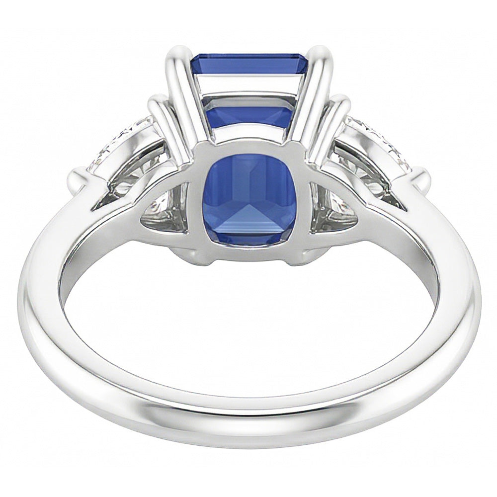 Anello con zaffiro blu da 2 carati, tre trilioni di diamanti, punte naturali