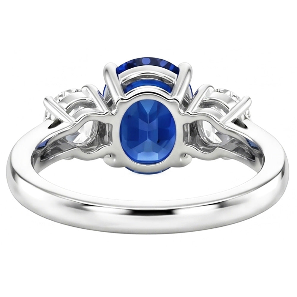 Anello con zaffiro blu dello Sri Lanka e diamanti 3 pietre 2.60 carati WG 14K
