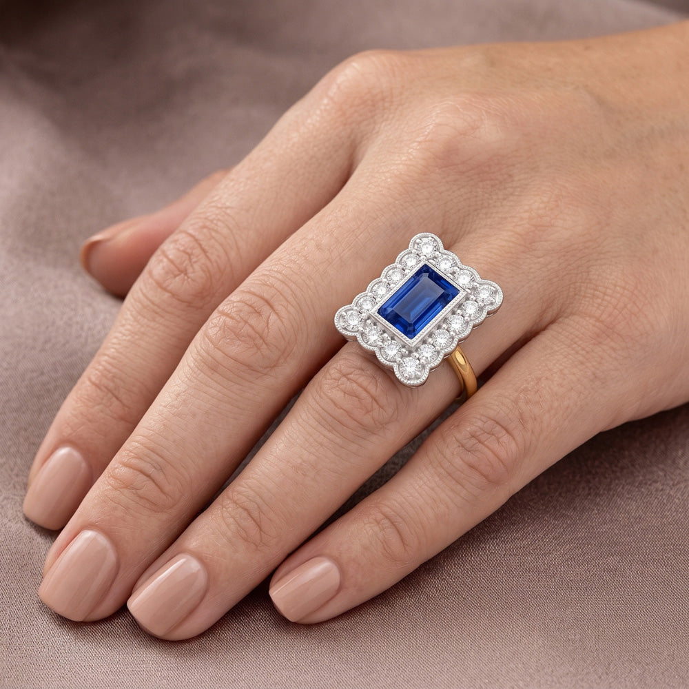 Anello con zaffiro blu naturale Halo a forma di fiore con diamante rotondo 3 carati