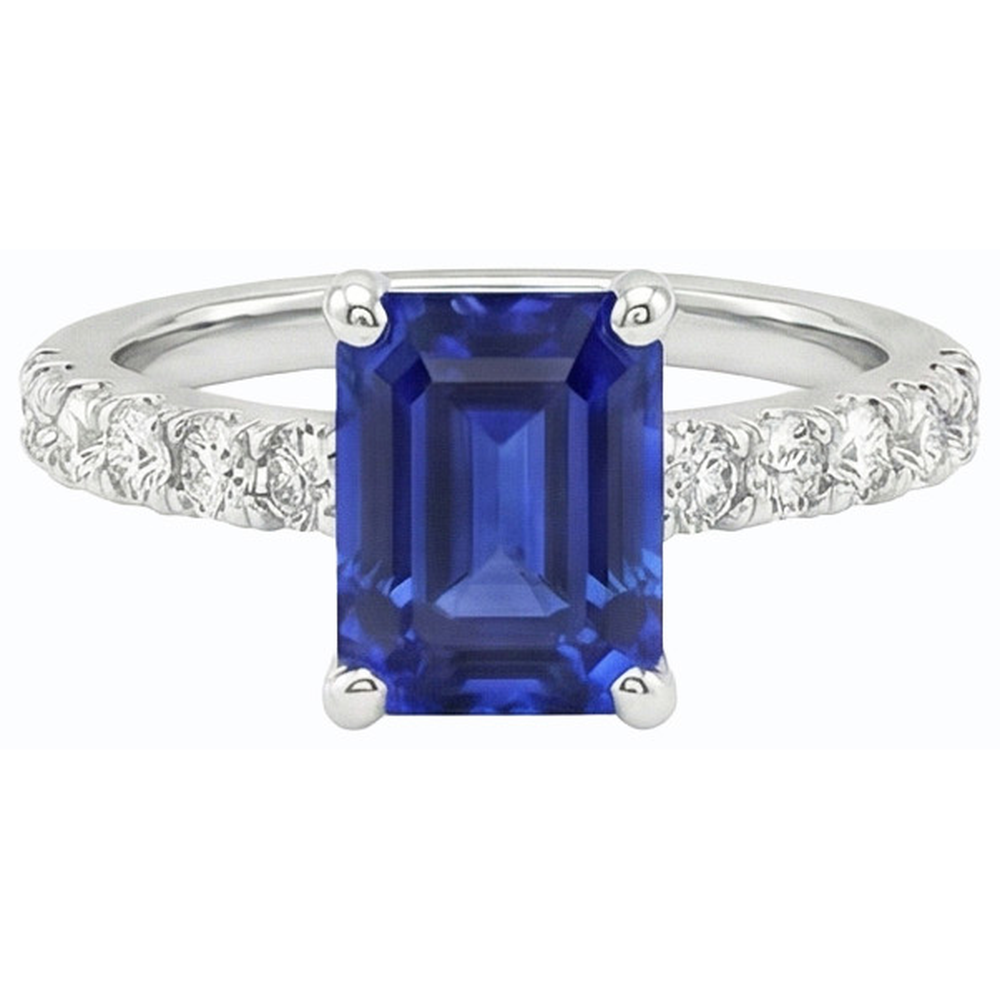 Anello con zaffiro blu smeraldo con pietre preziose con accenti di diamanti 2,50 carati