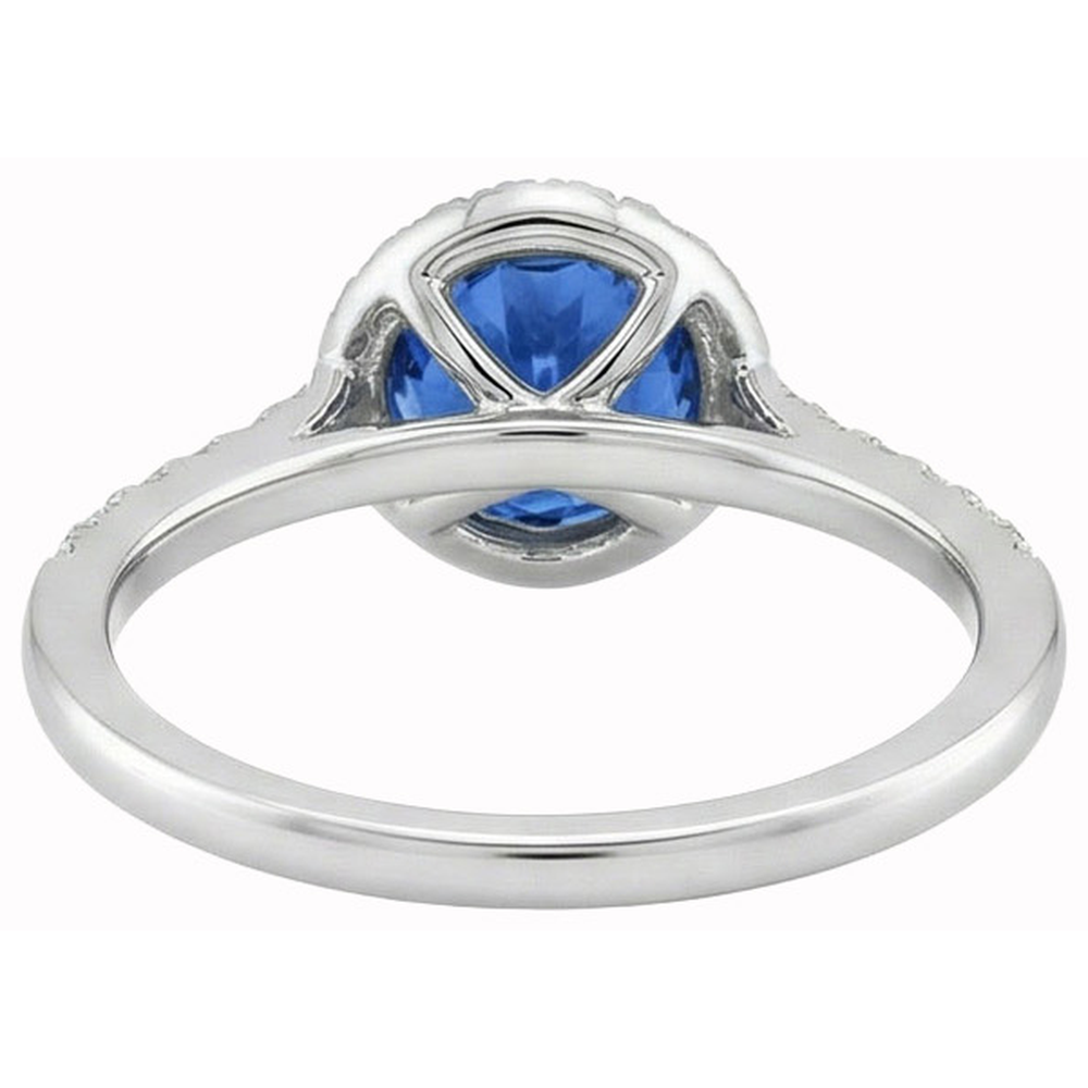 Anello con zaffiro blu taglio cuscino e diamante rotondo 3 ct. Oro bianco 14K