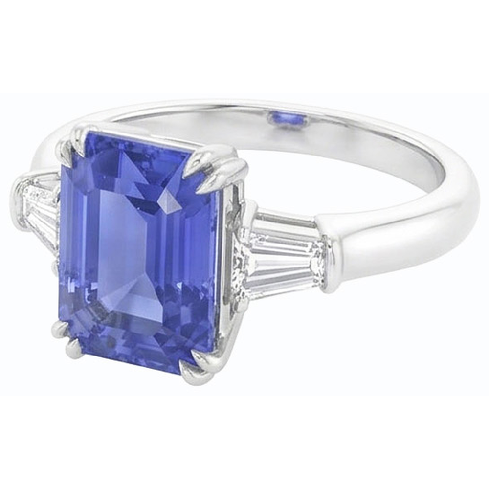 Anello con zaffiro blu taglio smeraldo 3 pietre baguette diamante 2.25 carati