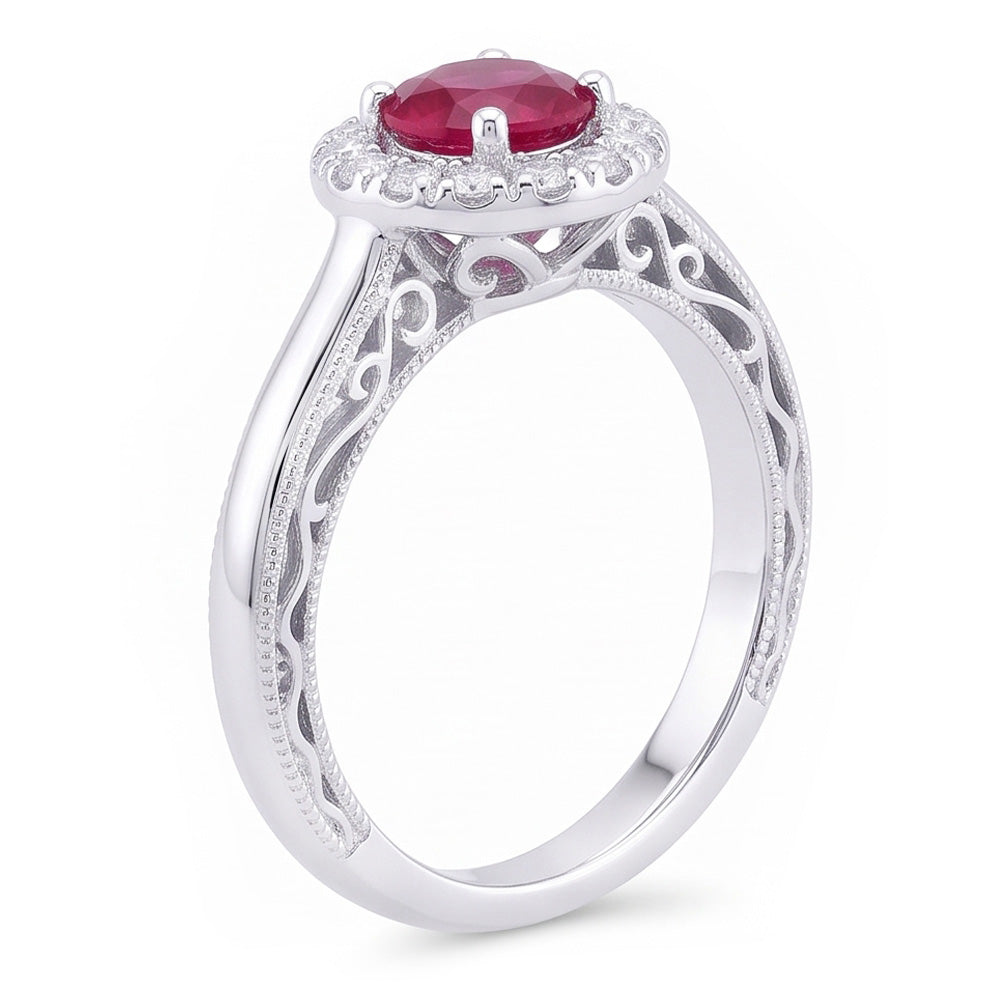 Anello con zaffiro rosso a taglio rotondo da 1,5 ct. Oro bianco