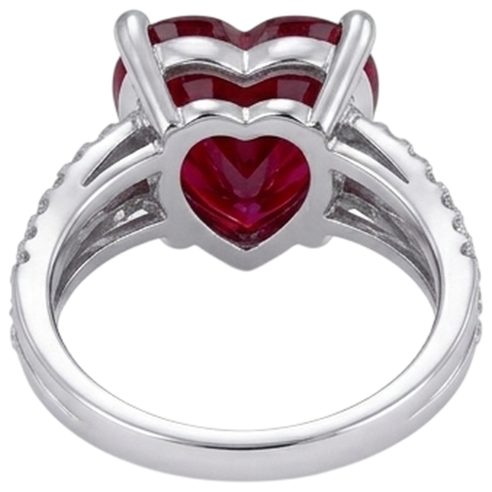 Anello da 5 ct con rubino taglio cuore rosso con diamanti. oro bianco 14 carati