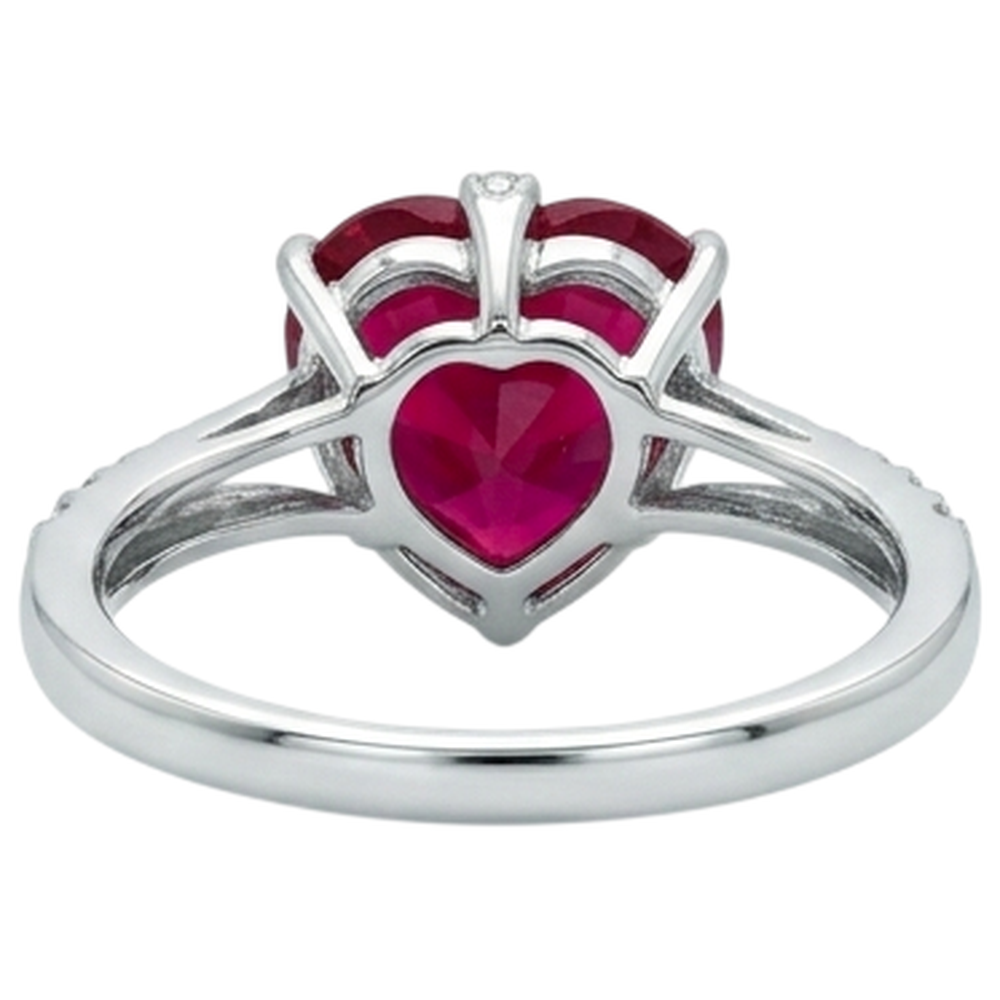 Anello da 7.20 ct con rubini rossi a taglio cuore e diamanti rotondi in oro bianco 14 carati