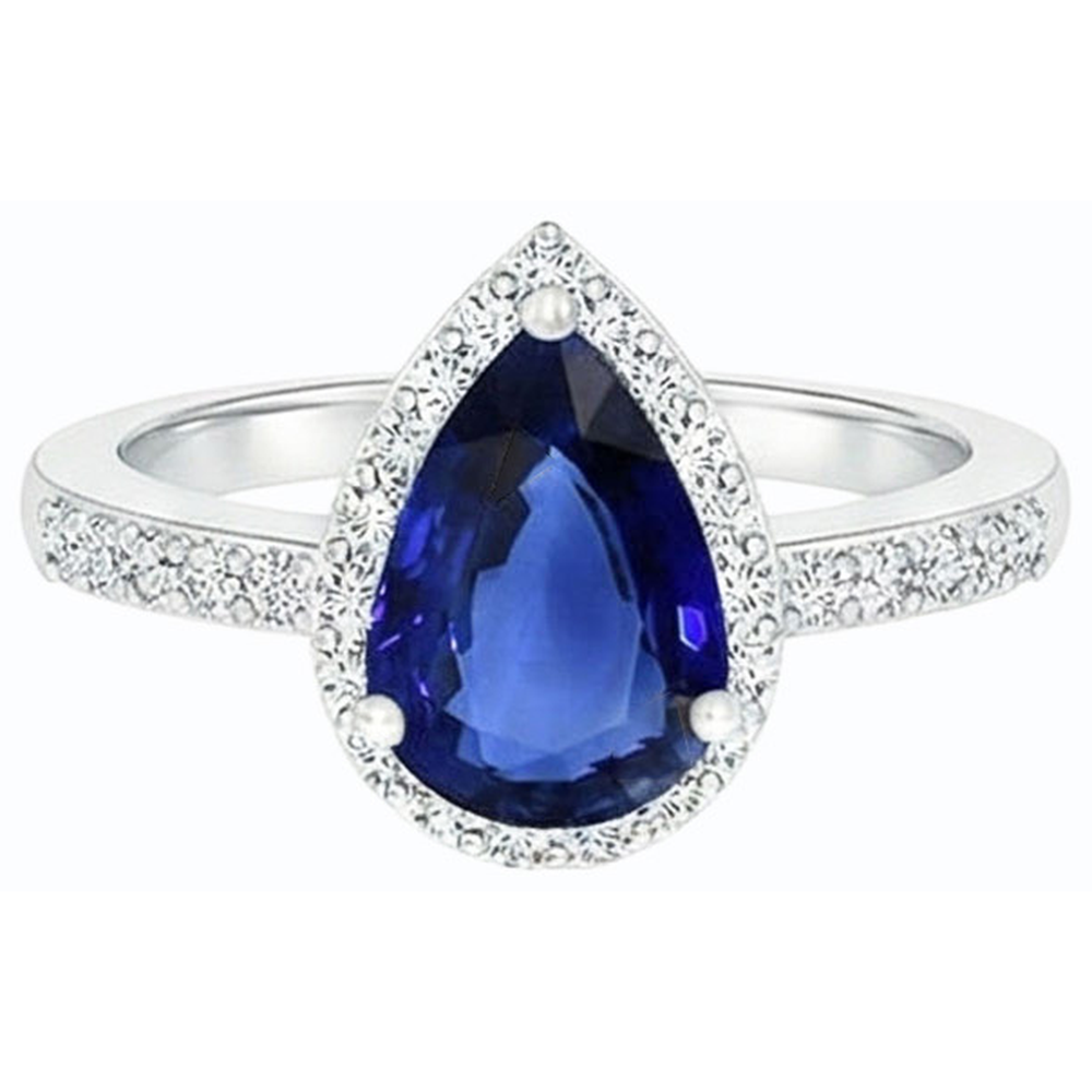 Anello da donna Halo con gemme di pera zaffiro blu 4 carati e diamanti