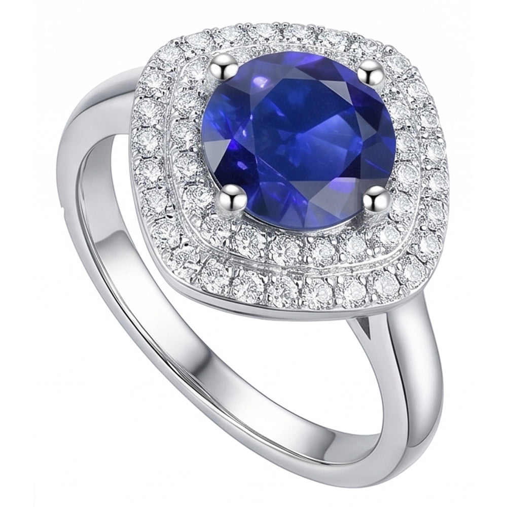 Anello da donna con diamante 3 carati con zaffiro rotondo a forma di cuscino doppio alone