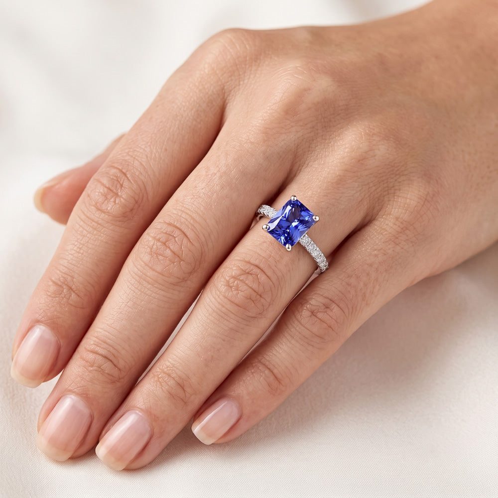 Anello da donna con diamante con zaffiro blu radiante gioielli in pietra preziosa 3 carati