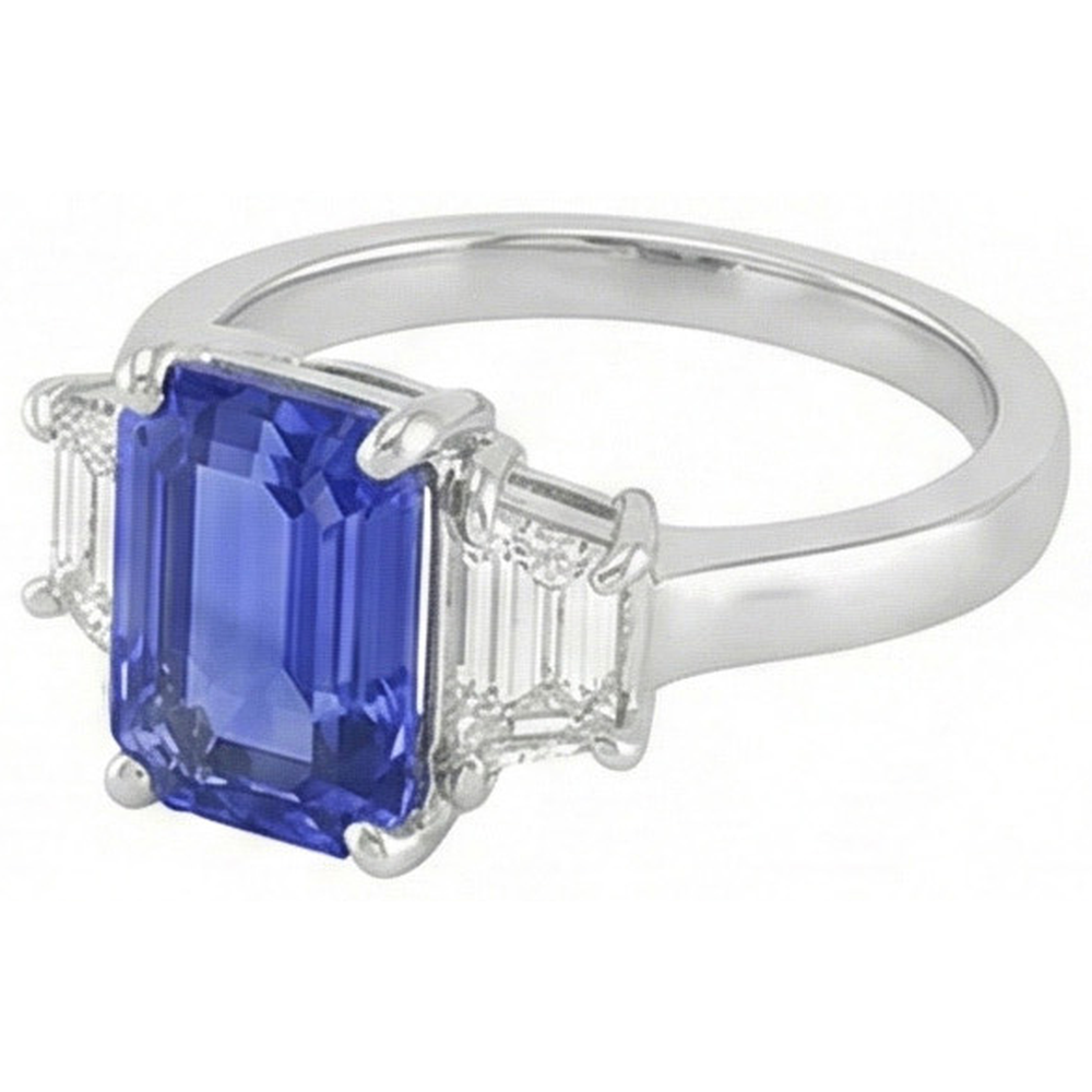 Anello da donna con tre smeraldi e zaffiri di Ceylon. oro bianco da 2.50 carati