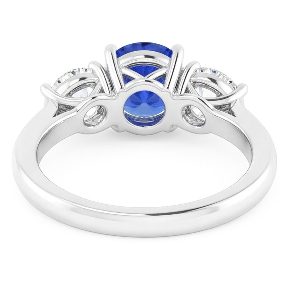 Anello da donna con zaffiro blu naturale rotondo con tre pietre e diamanti da 2 carati