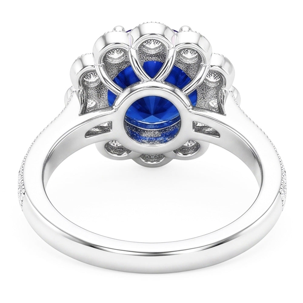 Anello da donna con zaffiro blu stile fiore Halo 3 carati impostazione cattedrale