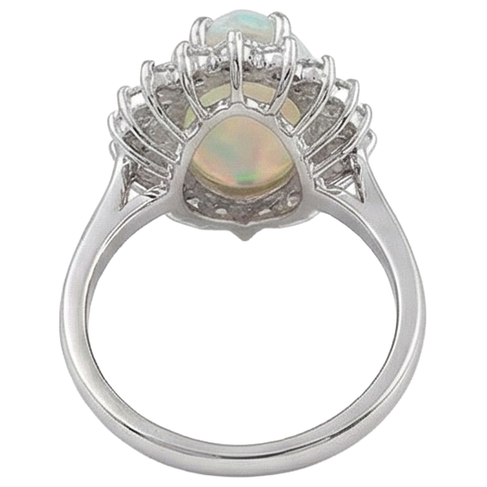 Anello da donna in oro bianco 14.25 ct con opale a pera e diamanti rotondi 14K