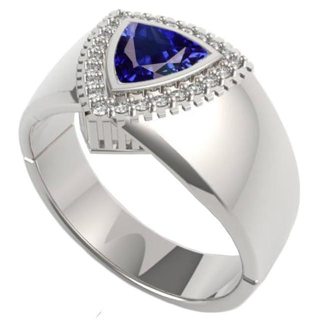 Anello da uomo con zaffiro trilione di 2.50 carati di diamanti in oro bianco 14K