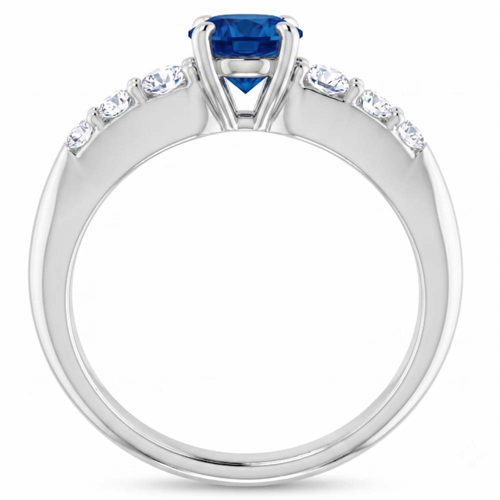 Anello di diamanti tondi a quattro punte da 1,50 carati con zaffiro blu e oro bianco 14K