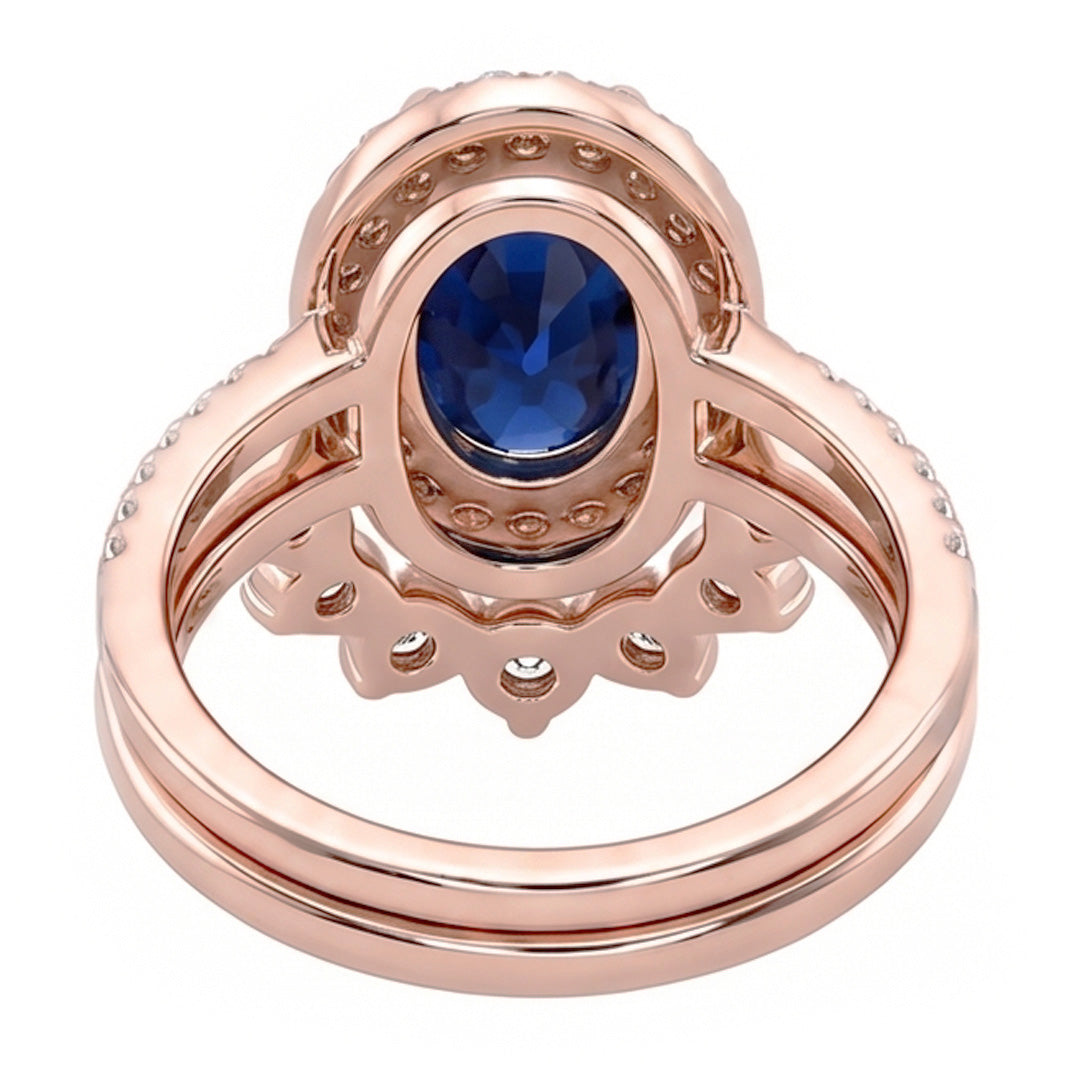 Anello di fidanzamento Halo con zaffiro blu da 3,50 carati e diamante ovale in oro bianco 14K