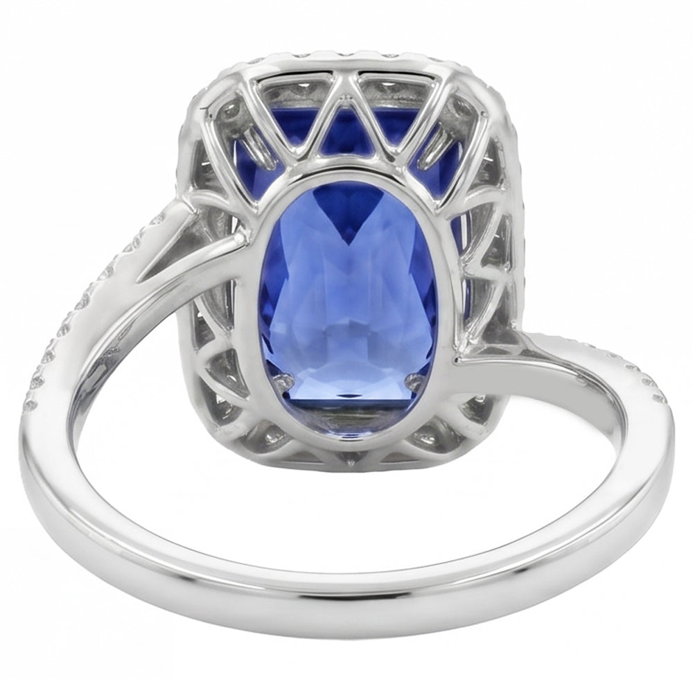 Anello di fidanzamento Tension Style con zaffiro blu Halo da 3 carati e pavé di diamanti
