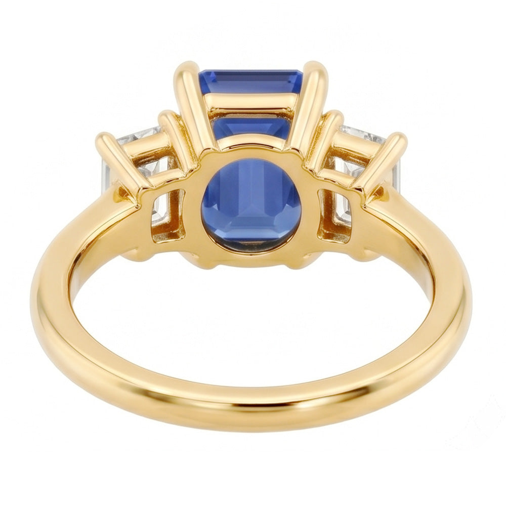 Anello di fidanzamento con 3 pietre blu zaffiro smeraldo e taglio baguette 3 carati
