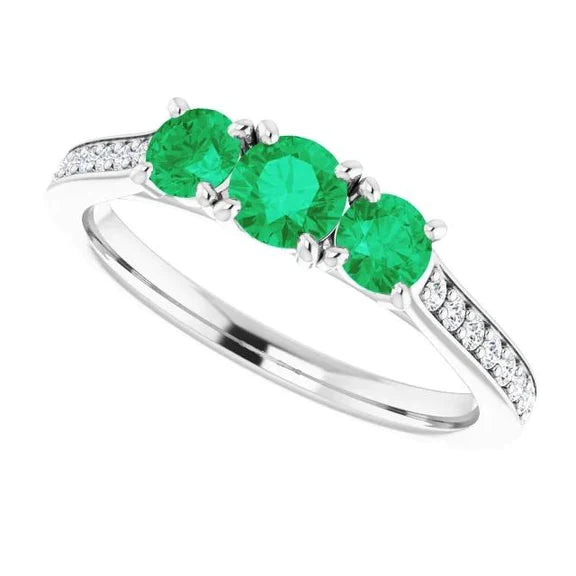 fidanzamento con tre pietre in stile diamante e Verde smeraldo 1.10 carati