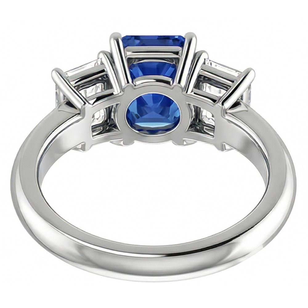 Anello di fidanzamento con zaffiro blu 3 pietre 2 carati diamanti taglio smeraldo