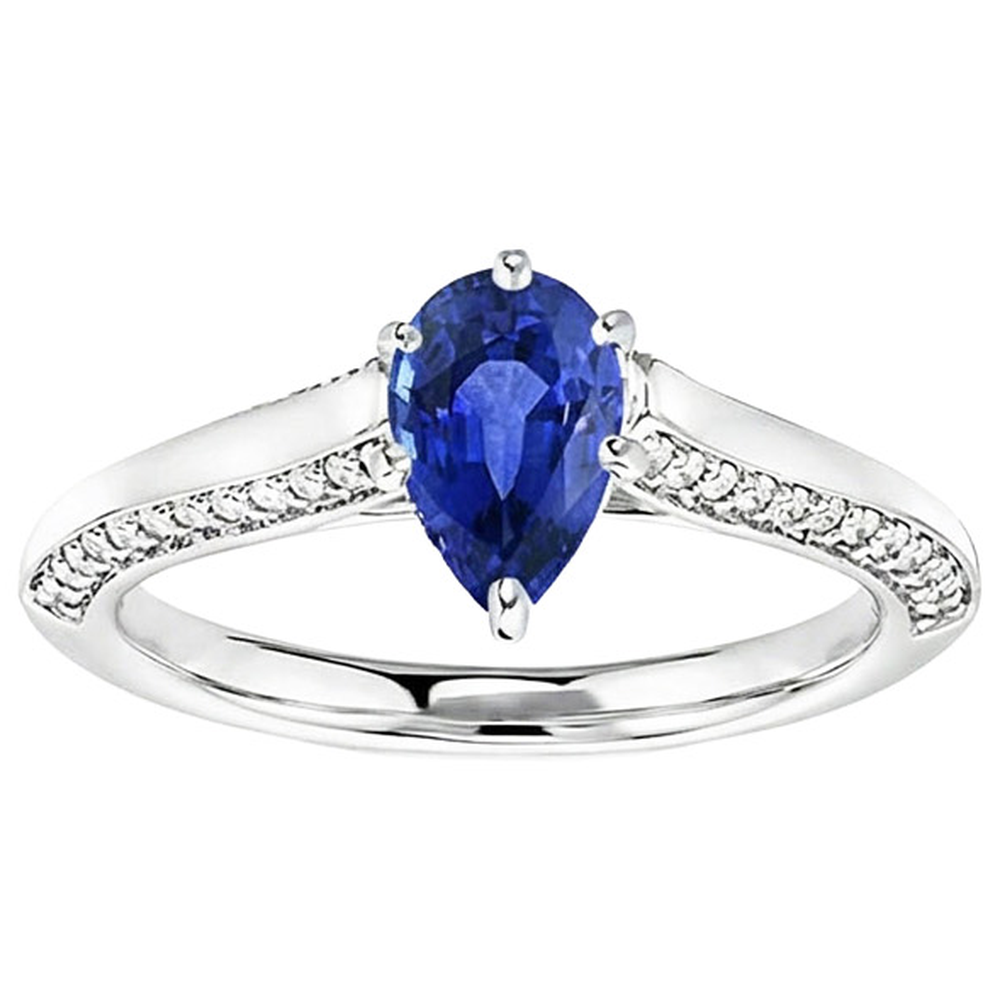 Anello di fidanzamento con zaffiro blu pera in oro bianco 4.50 carati